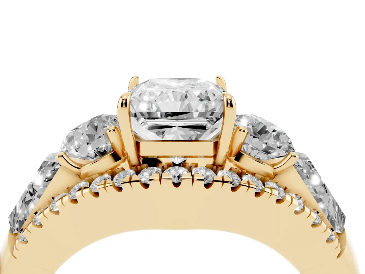 Three-Stone Radiant Cut Diamond Engagement Ring with Pave Band and Prong Setting Yellow gold