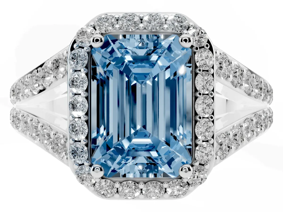 Fancy Blue Emerald Cut Diamond Split Shank Halo Ring with Four-Prong Setting Silver