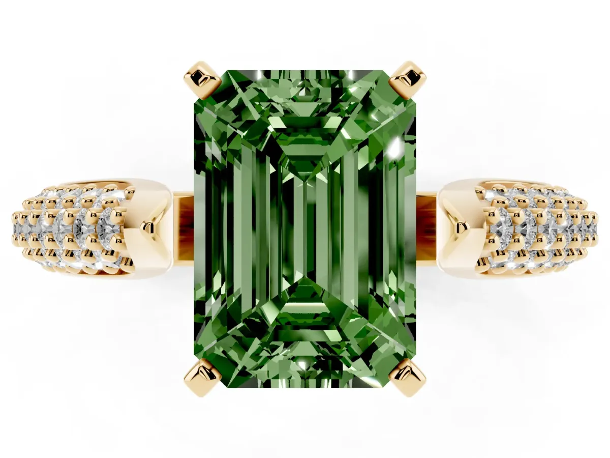 Fancy Green Emerald Cut Diamond Solitaire Engagement Ring with Multi-Row Round Pavé Band and Prong Setting Yellow gold