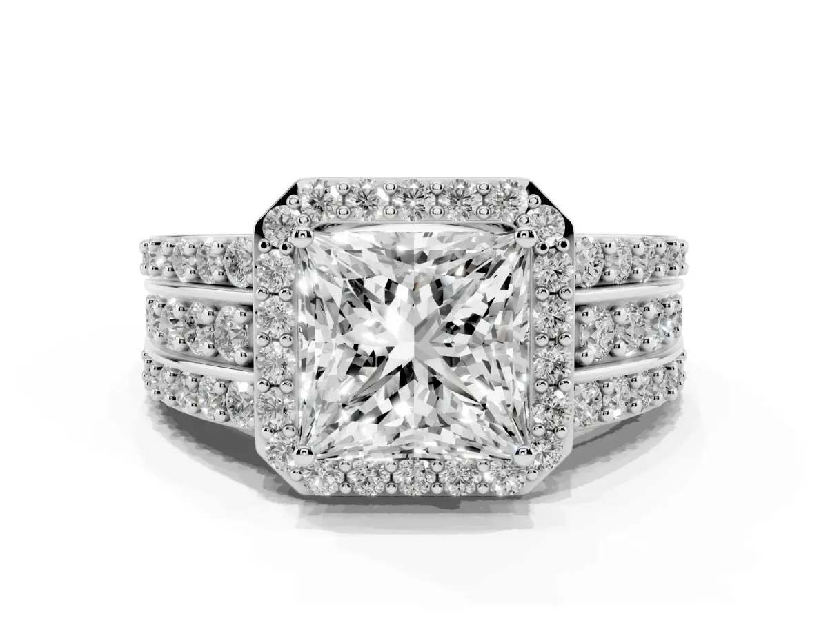 Princess Cut Halo Diamond Ring with Round Split Shank and Prong Setting Silver