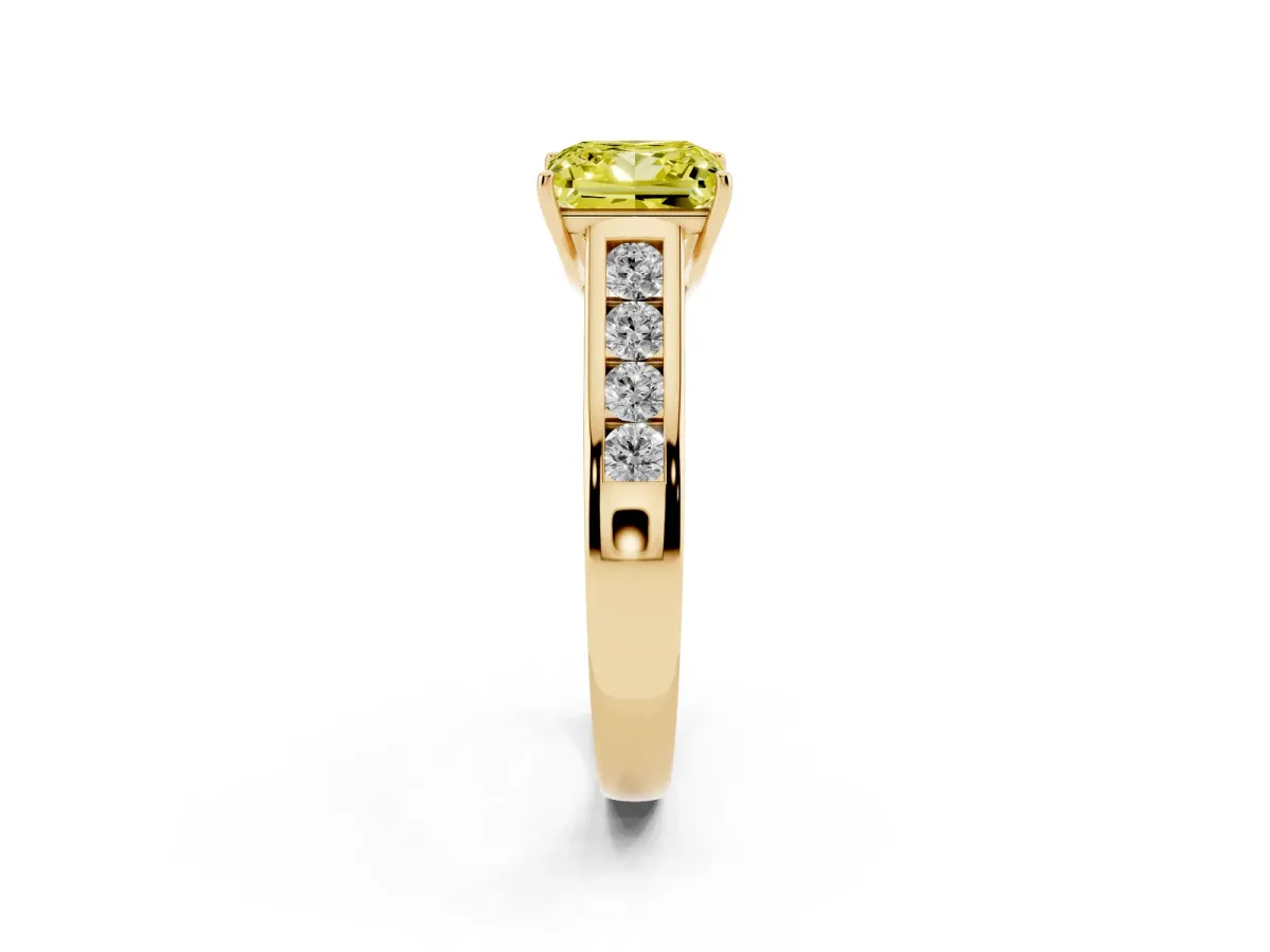 Fancy Yellow Princess Cut Brilliant Channel-Set Solitaire Ring with Four-Prong Setting Yellow gold