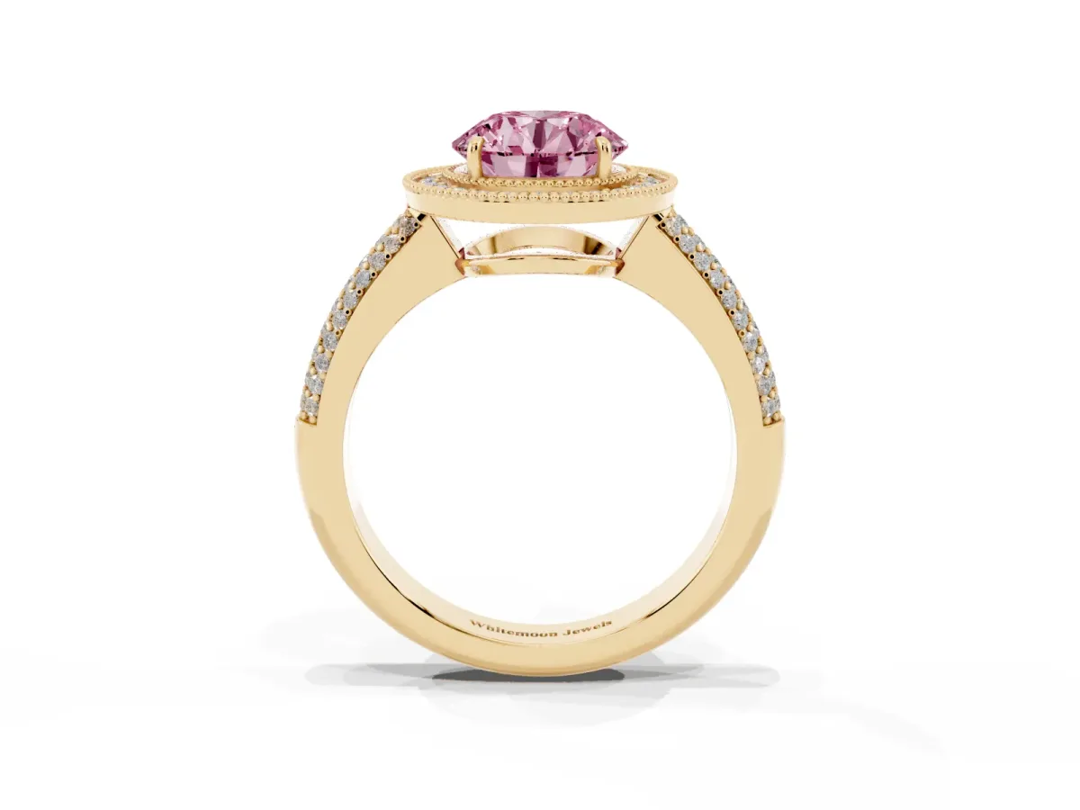 Fancy Pink Round Cut Cut Halo Diamond Pave Band with Four-Prong Setting Yellow gold