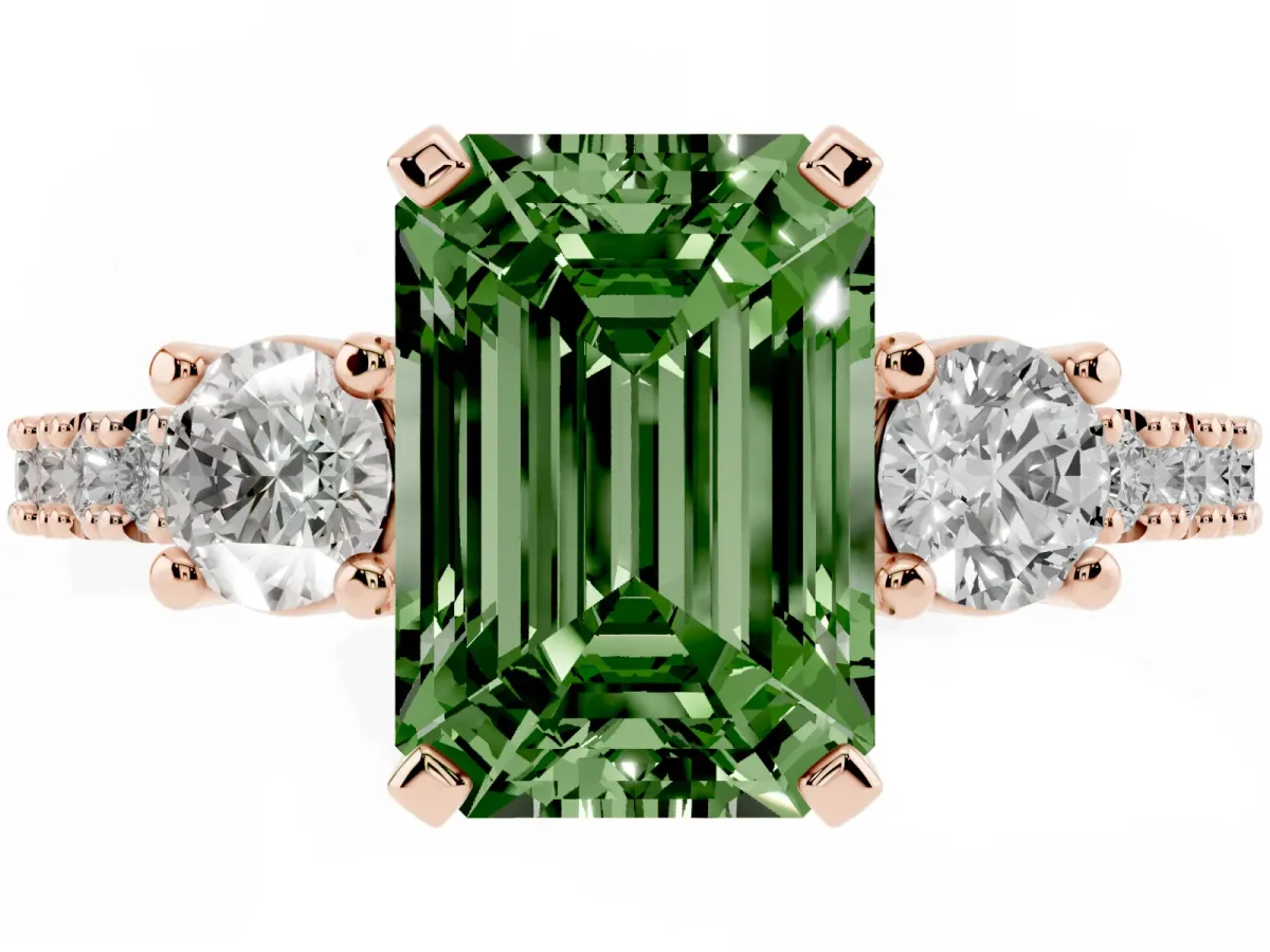 Fancy Green Emerald Cut Three-Stone Diamond Pavé Band with Prong Setting Rose gold
