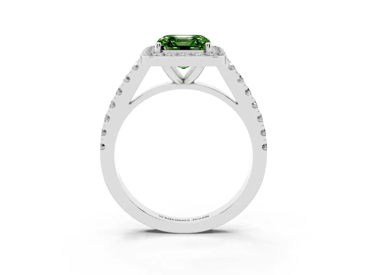Fancy Green Asscher Cut Diamond Halo Ring with Round Pavé Split Shank and Prong Setting Silver