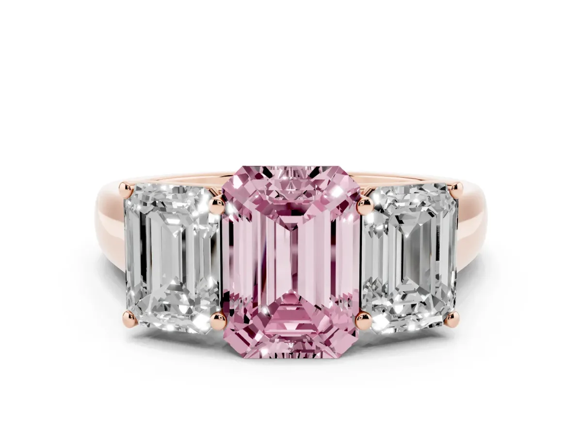 Fancy Pink Emerald Cut Three-Stone Diamond Ring with Prong Setting on a Classic Band Rose gold