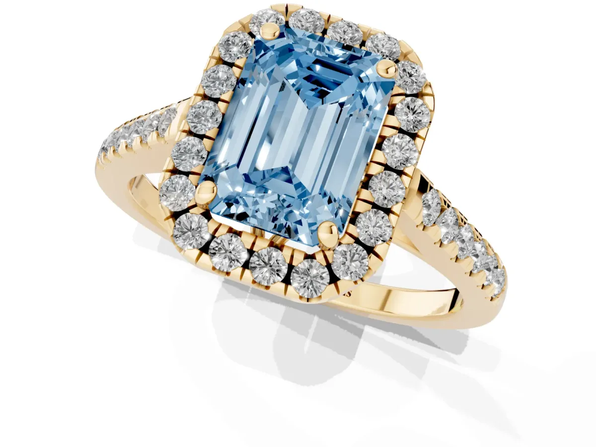 Fancy Blue Emerald Cut Halo Pavé Diamond Engagement Ring with Four-Prong Setting Yellow gold