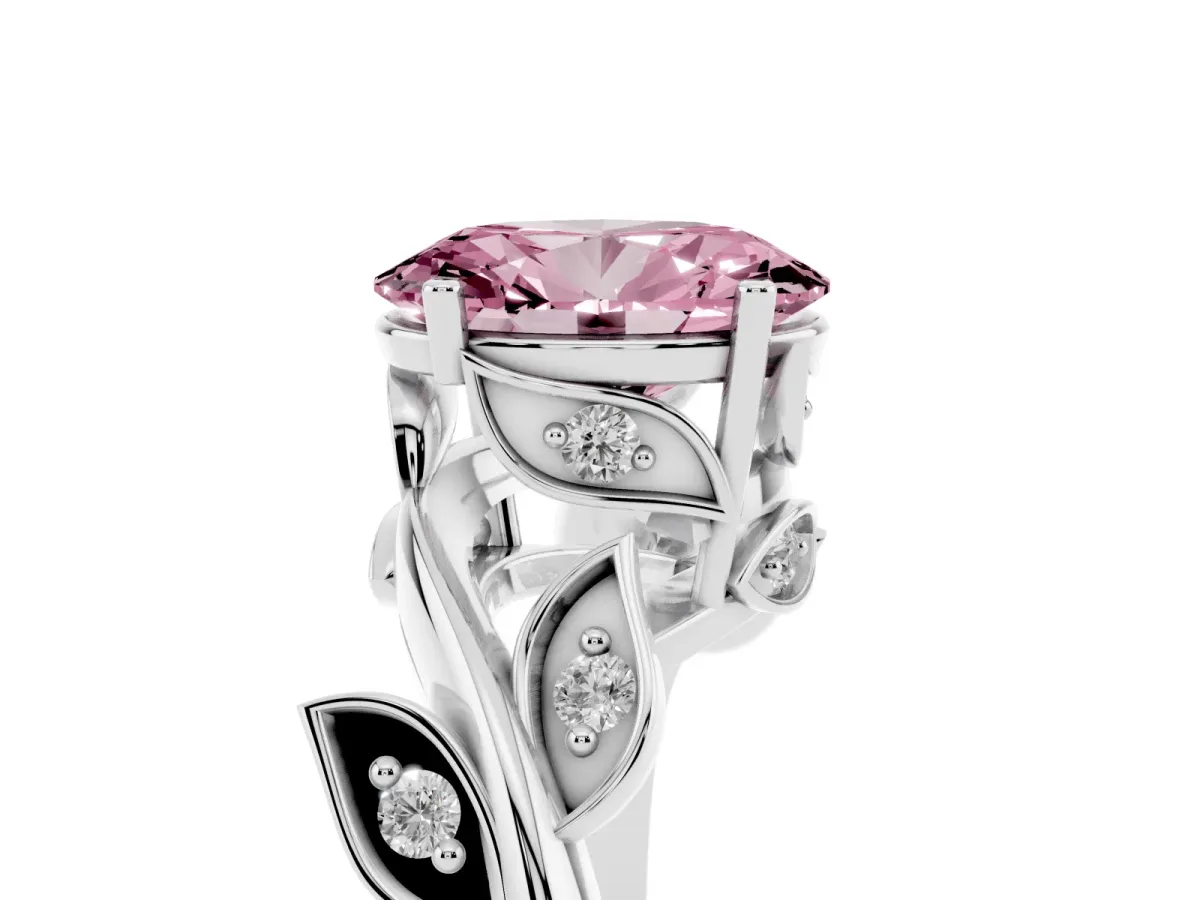 Fancy Pink Oval Cut Solitaire Twist Engagement Ring with Leaf Accents and Prong Setting Silver