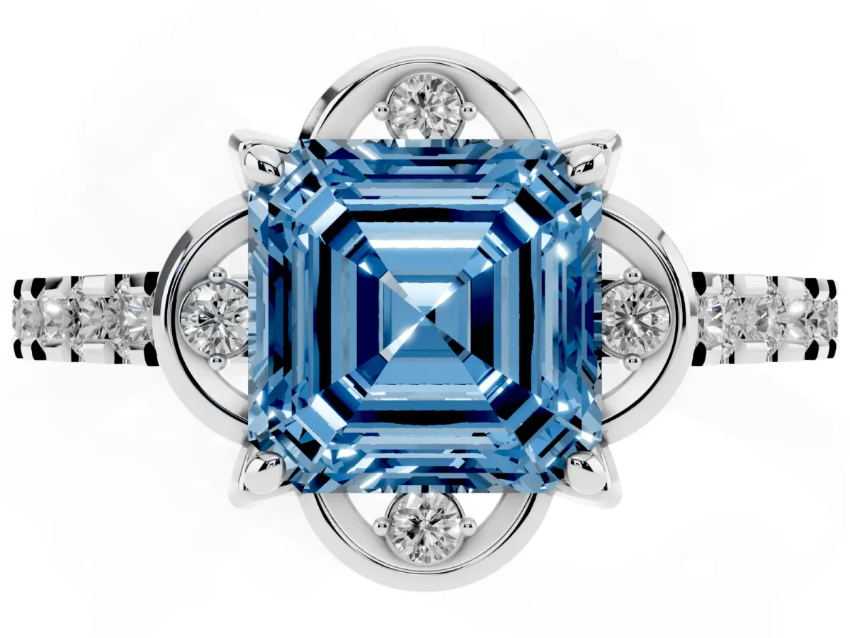 Fancy Blue Asscher Cut Diamond Ring with Pavé Band and Floral Prong Setting Silver