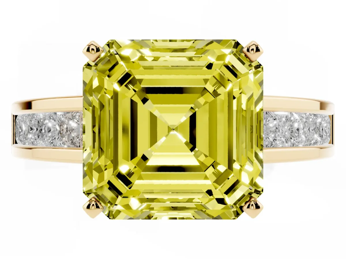 Fancy Yellow Asscher Cut Solitaire Diamond Ring with Channel-Set Band and Four-Prong Setting Yellow gold