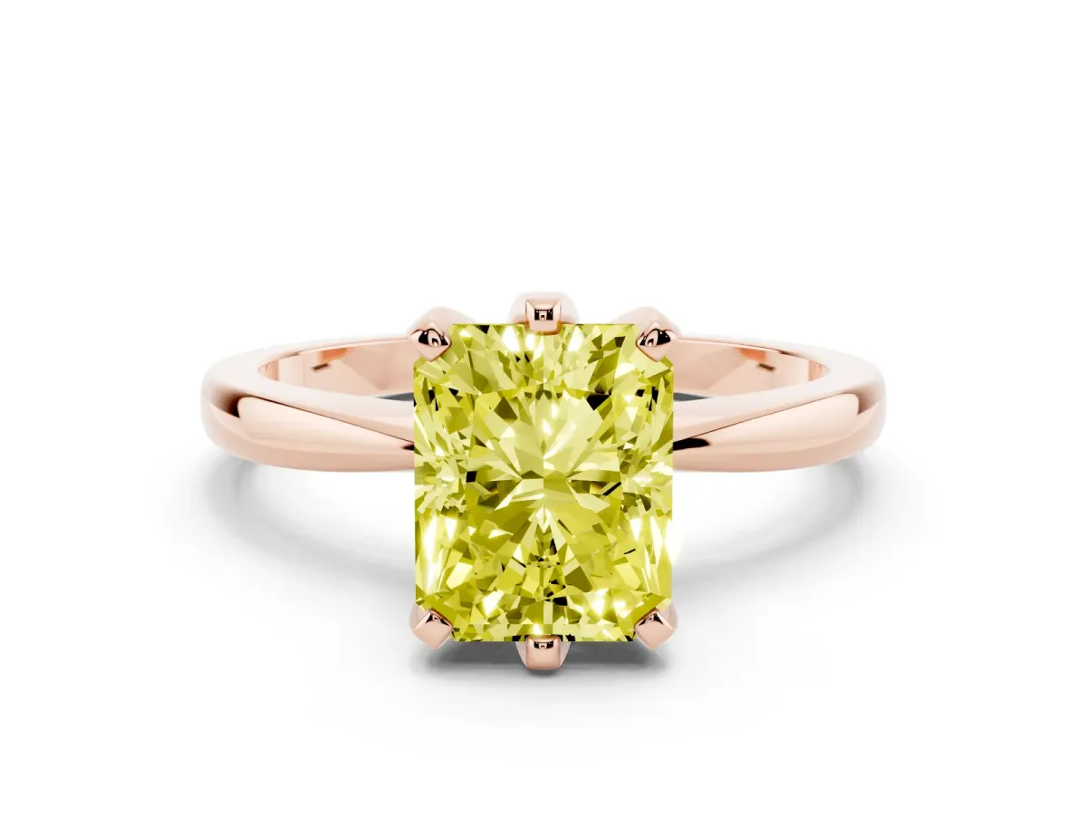 Fancy Yellow Radiant Cut Solitaire Engagement Ring with Six-Prong Setting and Tapered Band Rose gold