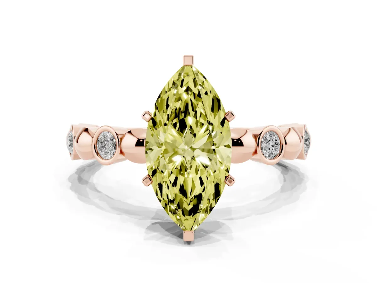Fancy Yellow Marquise Cut Solitaire Bezel-Set Diamond Ring with Beaded Band and Four-Prong Setting Rose gold