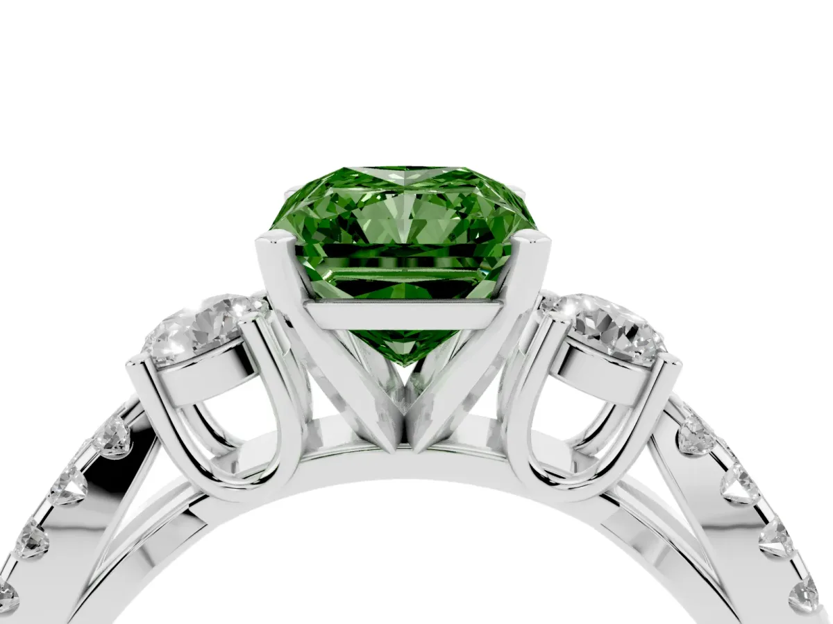 Fancy Green Radiant Cut Diamond Three-Stone Ring with Pavé Split Shank and Four-Prong Setting Silver
