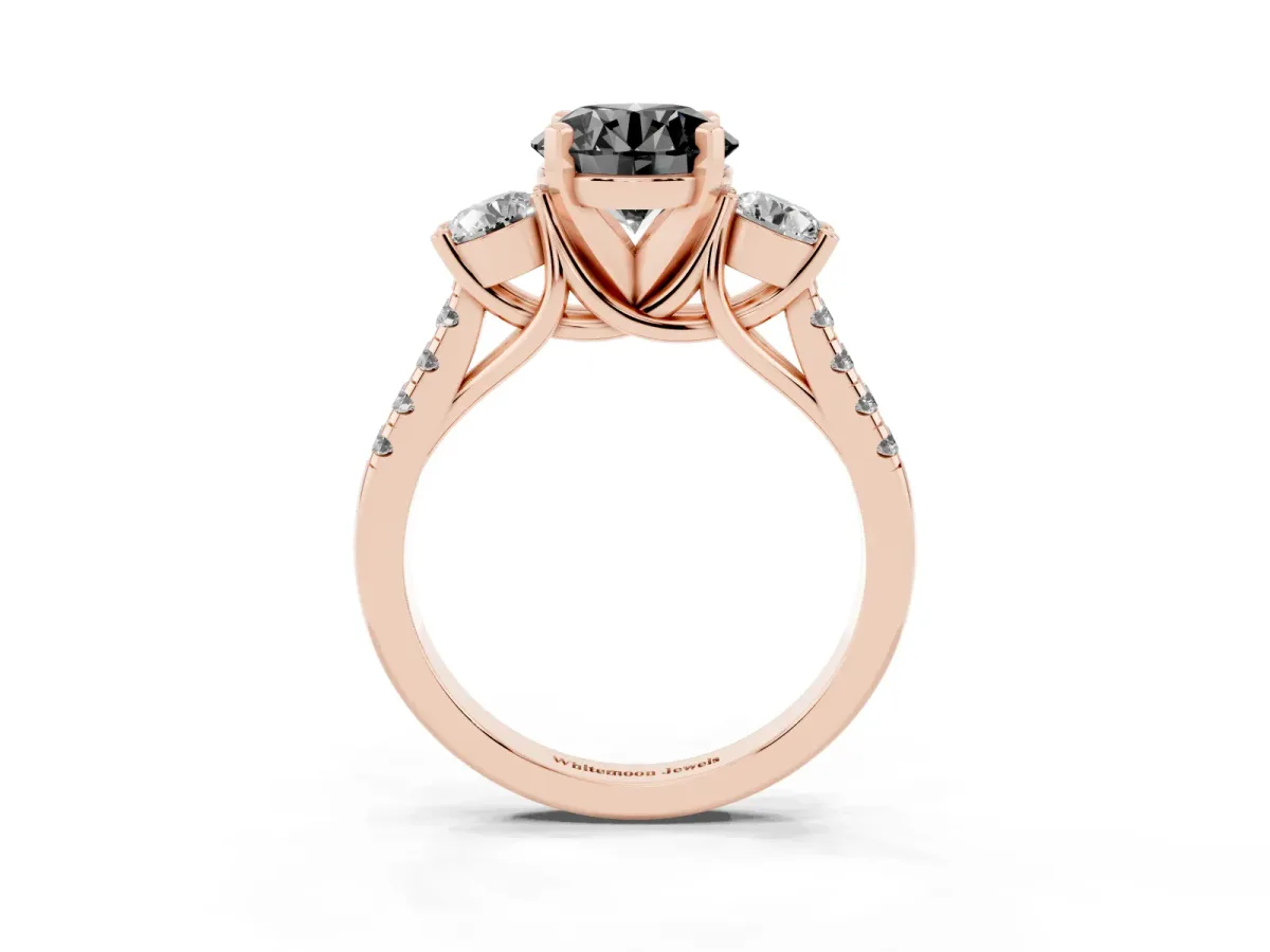 Fancy Black Three-Stone Round Cut Diamond Pavé Band with Four-Prong Setting Rose gold