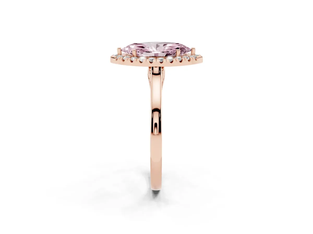 Fancy Pink Marquise Cut Halo Round Diamond Solitaire Ring with Pavé Band and Four-Prong Setting Rose gold