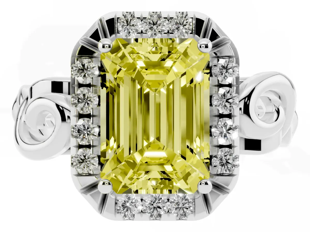 Fancy Yellow Emerald Cut Cut Halo Diamond Ring with Scrollwork Band and Four-Prong Setting Silver