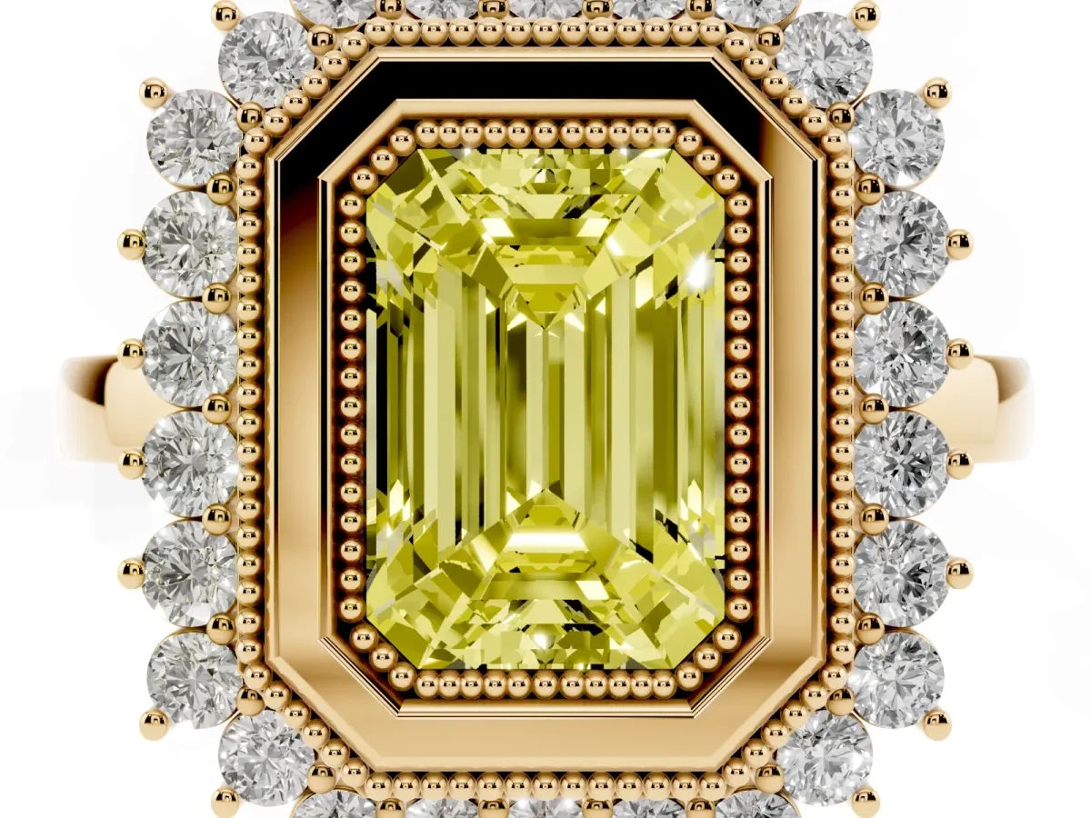 Fancy Yellow Emerald Cut Halo Diamond Ring with Milgrain Edge and Round Prong Setting Yellow gold