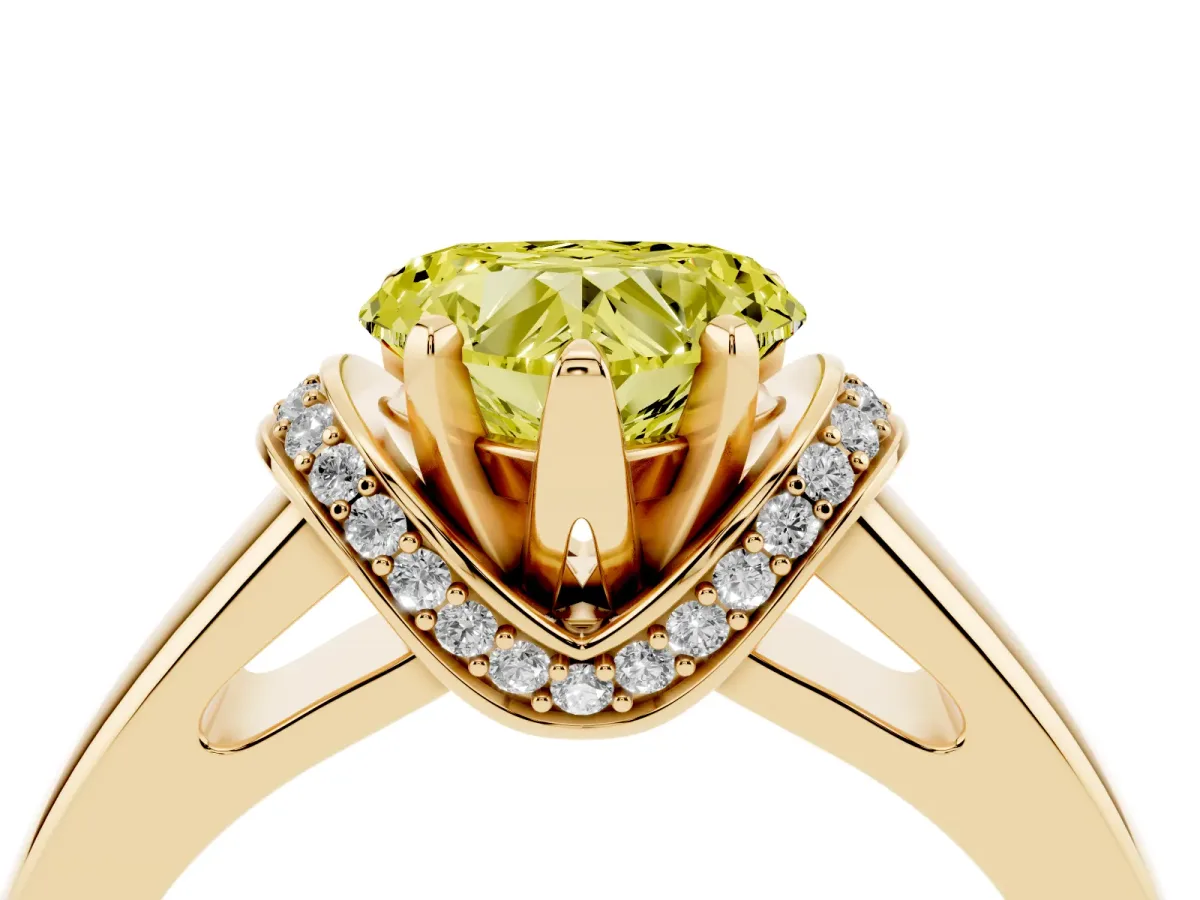 Fancy Yellow Heart Cut Solitaire Diamond Ring with Pave Band and Six-Prong Setting Yellow gold