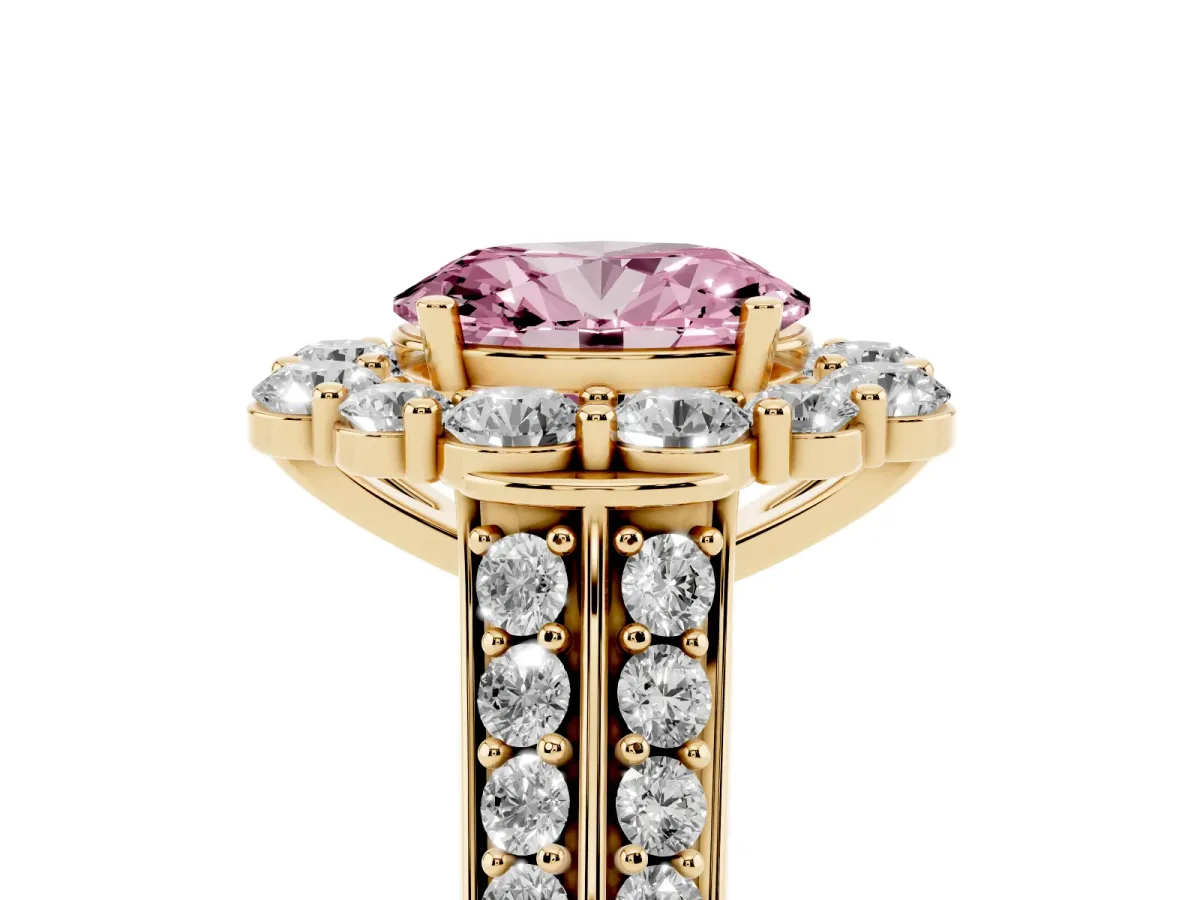 Fancy Pink Oval Cut Halo Diamond Engagement Ring with Split Shank and Prong Setting Yellow gold