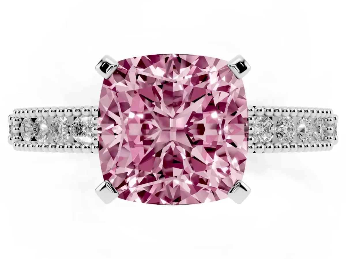 Fancy Pink Cushion Cut Solitaire with Pavé Band and Four-Prong Setting Silver