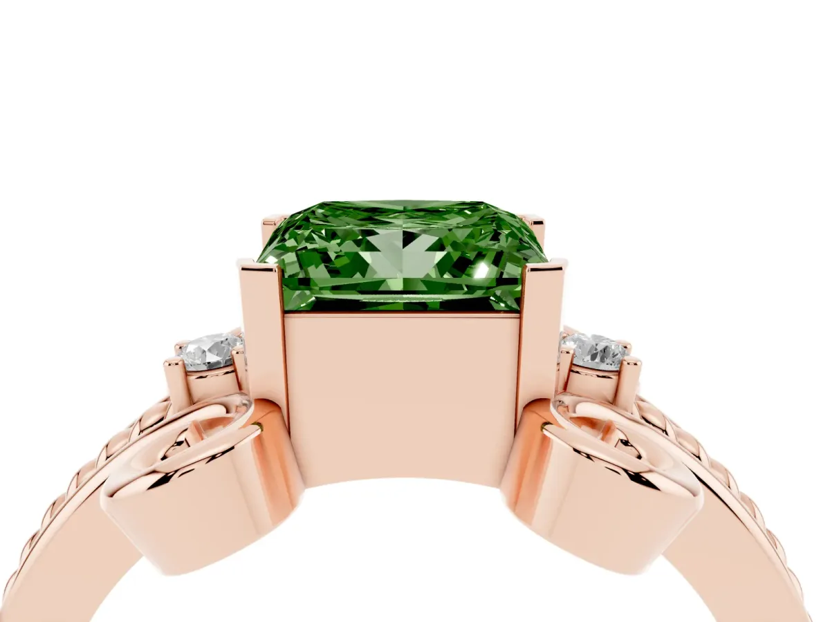 Fancy Green Princess Cut Solitaire Twisted Band Scroll Prong Ring Rose gold