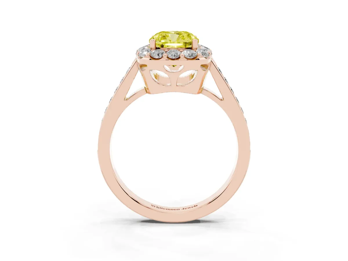 Fancy Yellow Cushion Cut Diamond Floral Halo Ring with Pavé Band and Prong Setting Rose gold