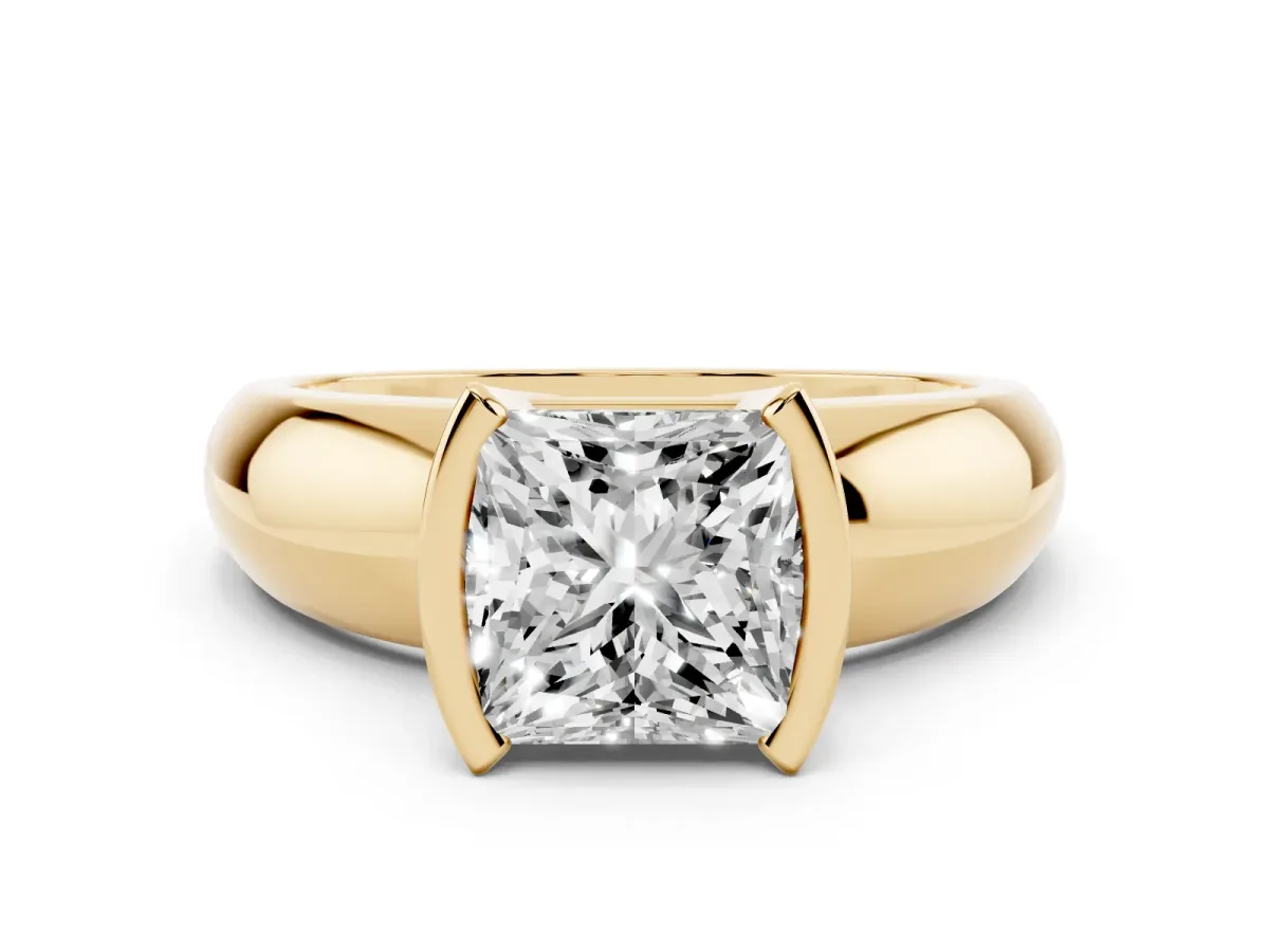 Princess Cut Solitaire Tension Set Diamond Ring with Wide Band Yellow gold