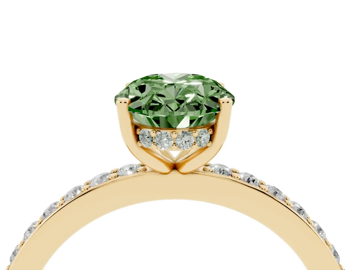 Fancy Green Oval Cut Cut Diamond Pavé Band Ring with Four-Prong Setting Yellow gold