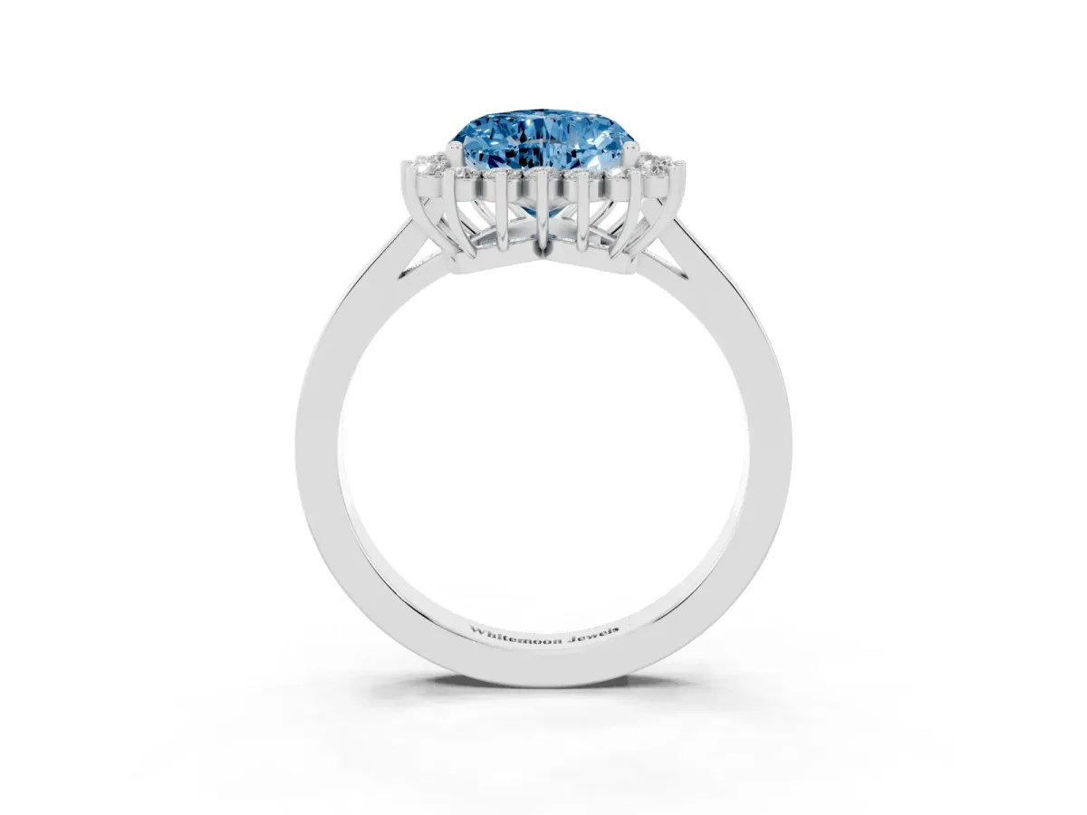 Fancy Blue Heart Cut Cut Diamond Halo Ring with Round Brilliant Halo and Solitaire Band White gold