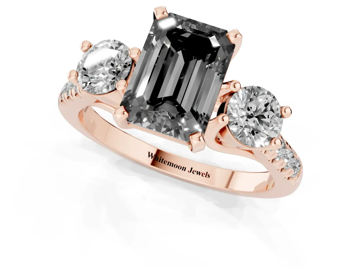 Fancy Black Three-Stone Emerald Cut Diamond Pavé Band with Four-Prong Setting Rose gold