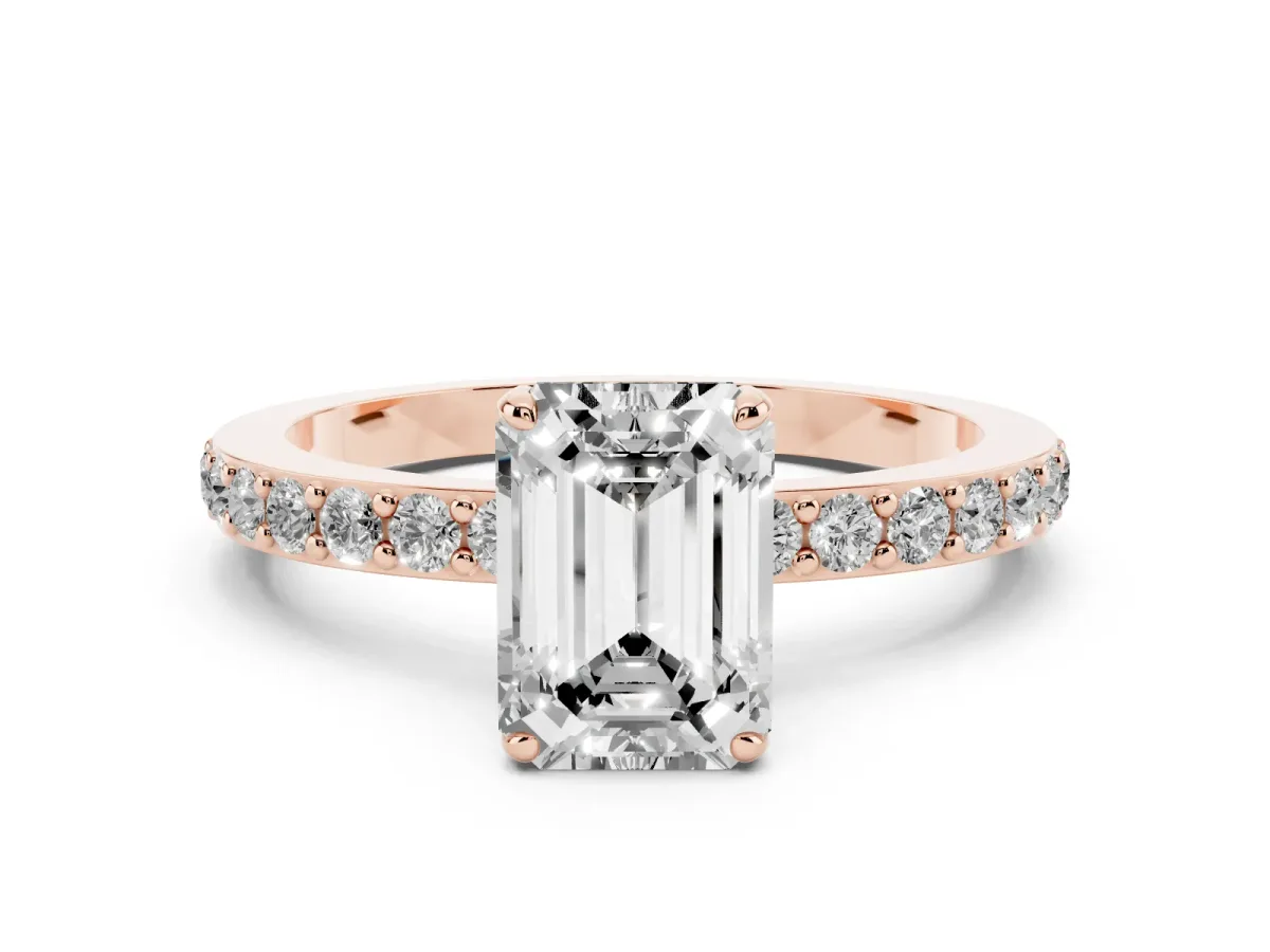 Emerald Cut Diamond Pavé Engagement Ring with Round Accents and Prong Setting Rose gold