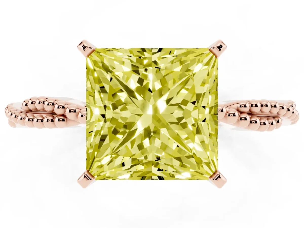 Fancy Yellow Princess Cut Solitaire Twisted Band with Bead Prong Setting Rose gold