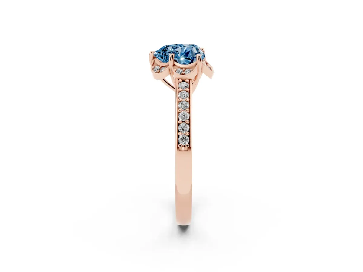 Fancy Blue Heart Cut Cut Halo Diamond Ring with Channel Set Band and Four-Prong Setting Rose gold
