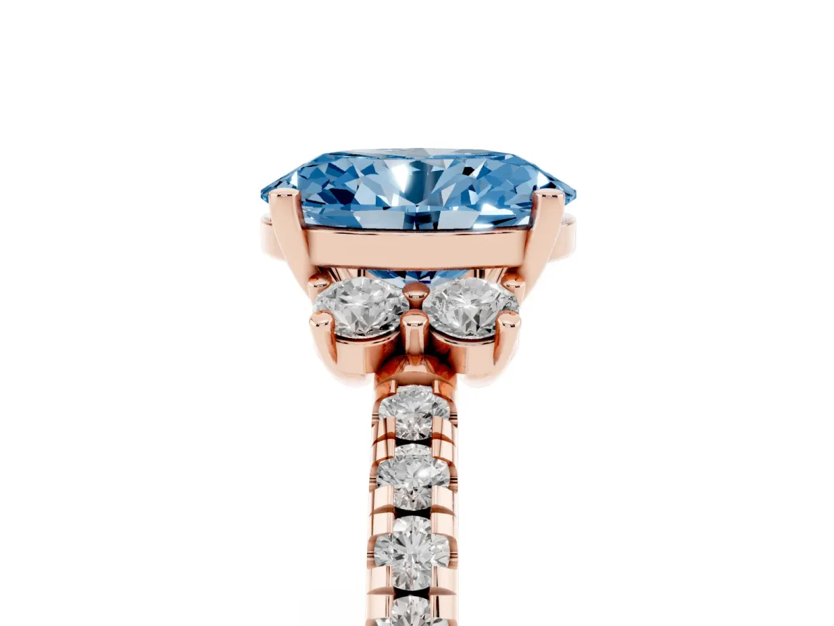 Fancy Blue Oval Cut Diamond Three-Stone Pave Band with Four-Prong Setting Rose gold