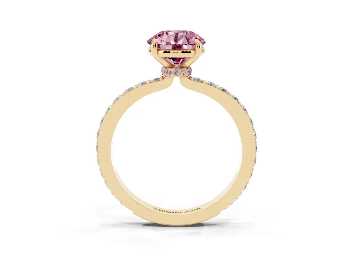 Fancy Pink Round Cut Diamond Pavé Engagement Ring with Round Accents and Prong Setting Yellow gold