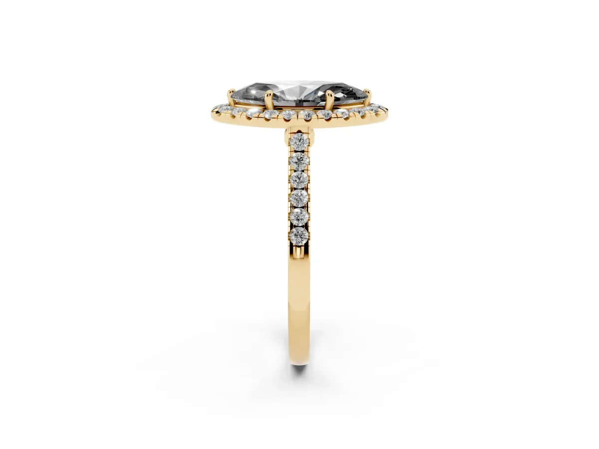 Fancy Black Marquise Cut Halo Pave Diamond Engagement Ring with Four-Prong Setting Yellow gold