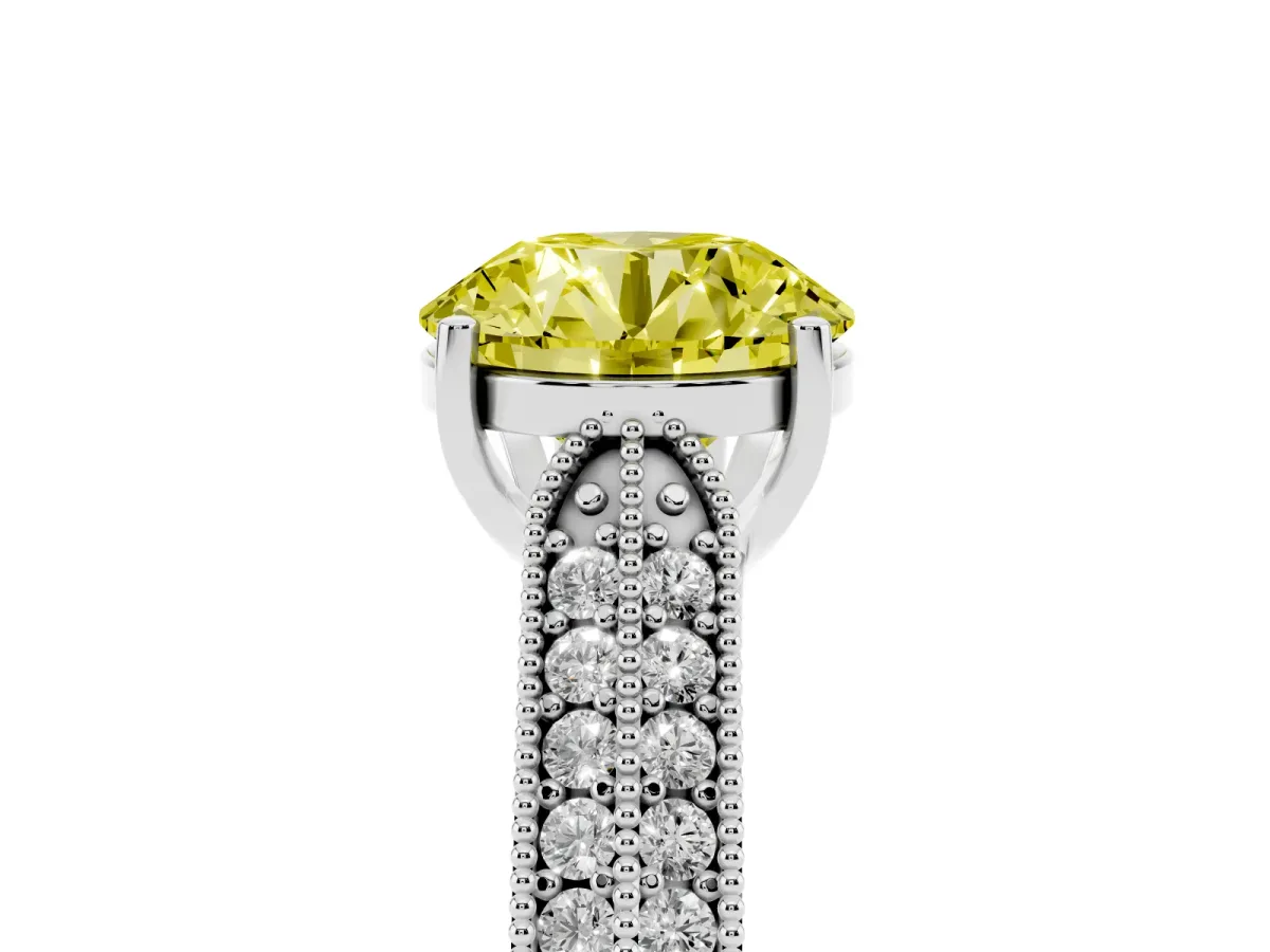 Fancy Yellow Round Cut Cut Pave Split Shank Engagement Ring with Four-Prong Setting White gold