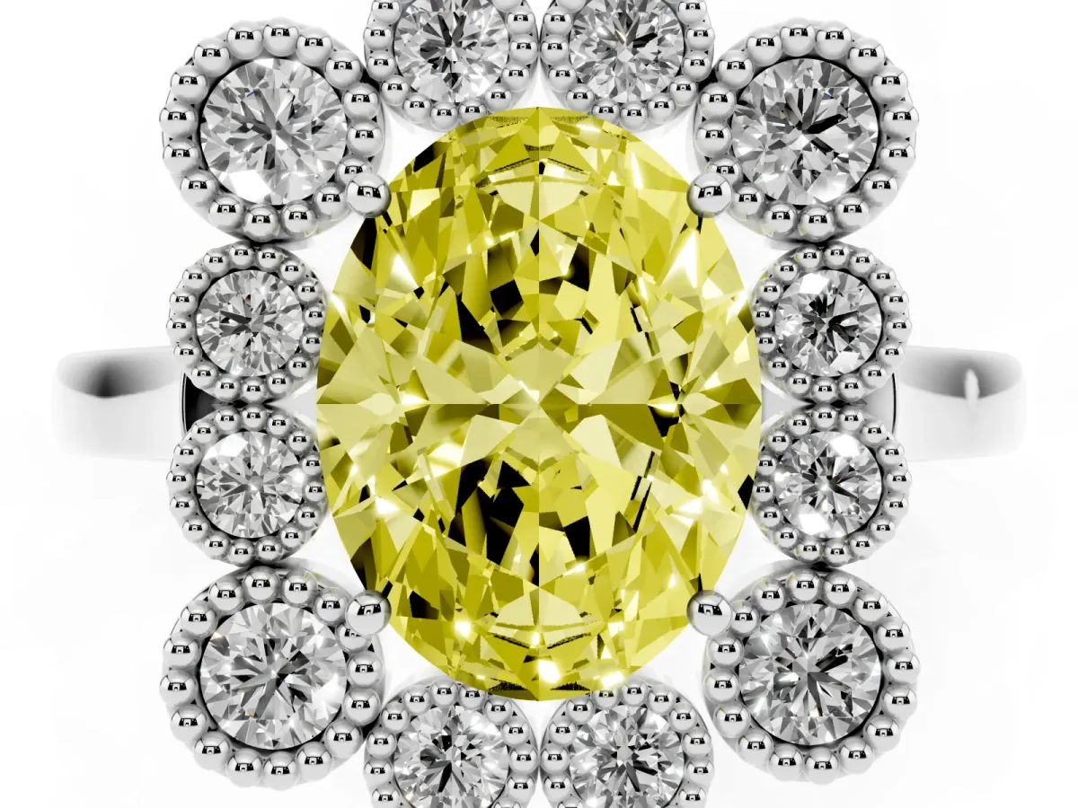 Fancy Yellow Oval Cut Halo Diamond Cluster Engagement Ring with Milgrain Bezel Setting and Solitaire Band Silver