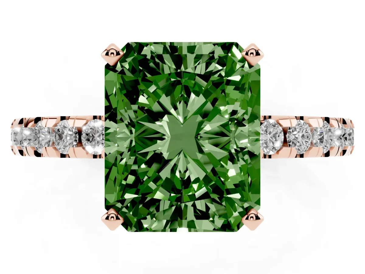 Fancy Green Radiant Cut Diamond Solitaire Ring with Round Pavé Band and Four-Prong Setting Rose gold