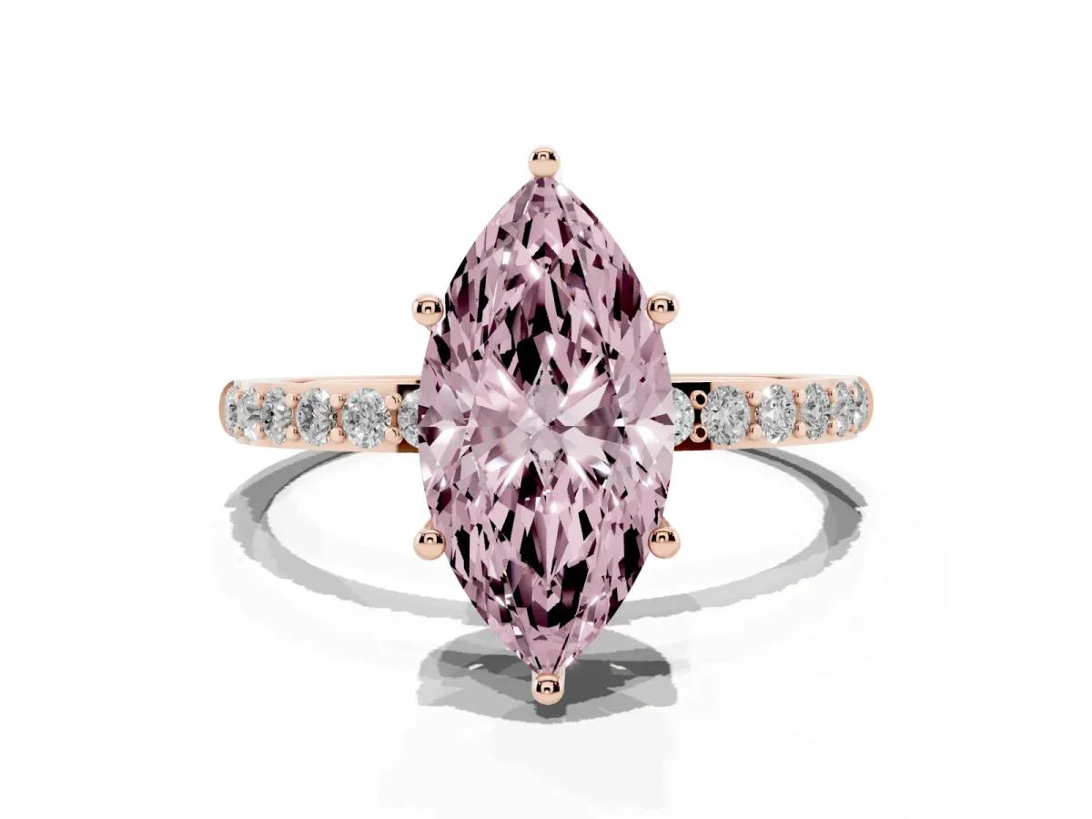 Fancy Pink Marquise Cut Diamond Solitaire Ring with Round Pavé Shoulders and Prong Setting Rose gold