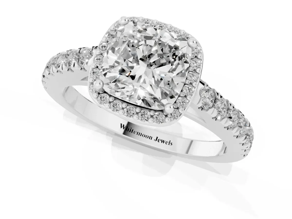 Cushion Cut Cut Halo Diamond Engagement Ring with Pave Band and Four-Prong Setting Platinum
