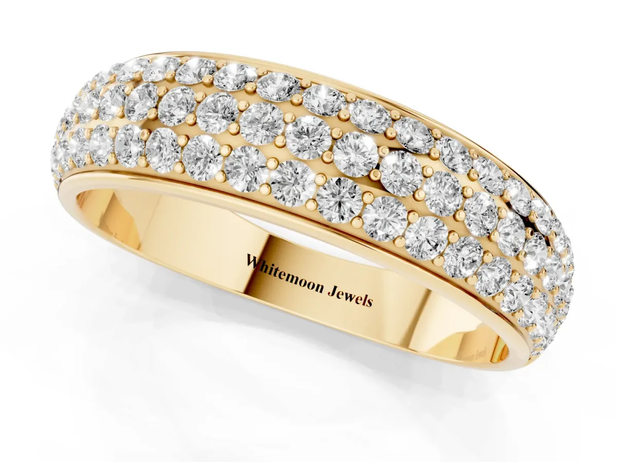 Three-Row Round Diamond Eternity Band with Shared Prong Setting Yellow gold