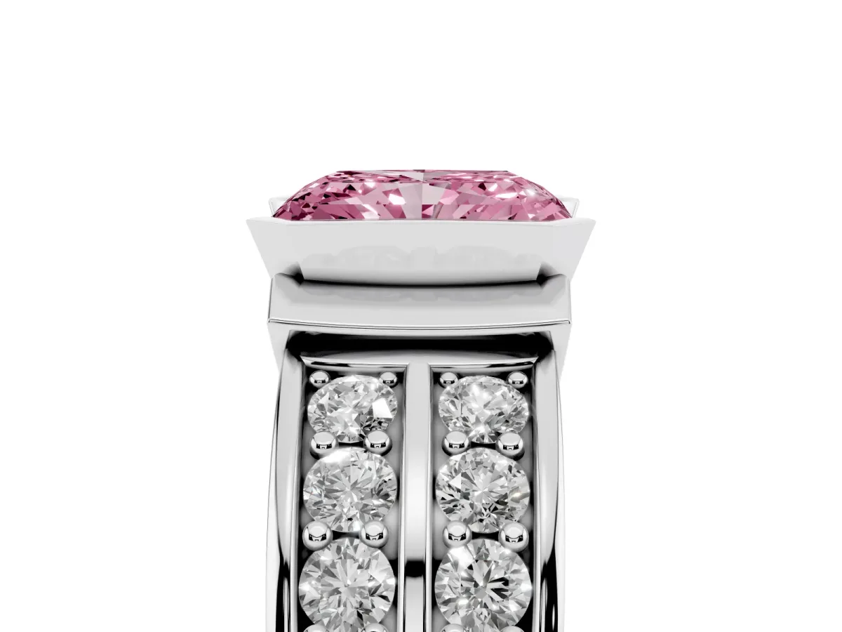 Fancy Pink Radiant Cut Brilliant Diamond Channel Set Wide Band Ring with Bezel Setting Silver