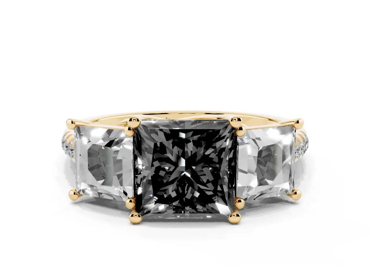 Fancy Black Three-Stone Princess Cut Diamond Ring with Round Pavé Band and Prong Setting Yellow gold