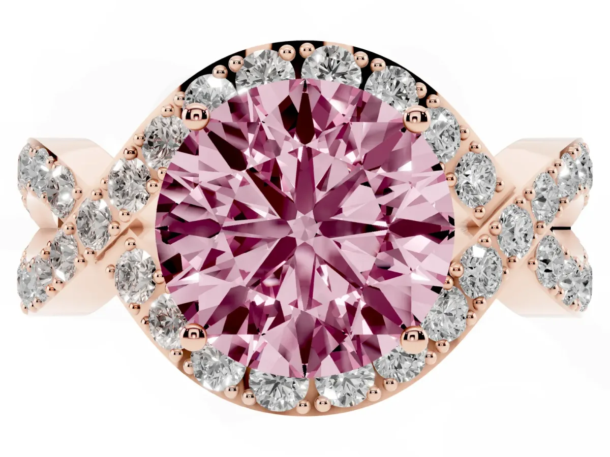 Fancy Pink Round Cut Solitaire Twist Band Pavé Diamond Engagement Ring Rose gold