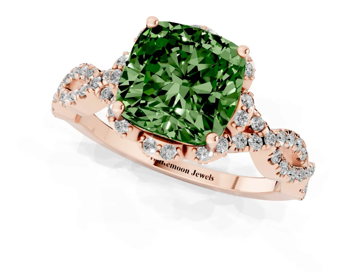 Fancy Green Cushion Cut Halo Twist Band Solitaire Ring with Six-Prong Setting Rose gold