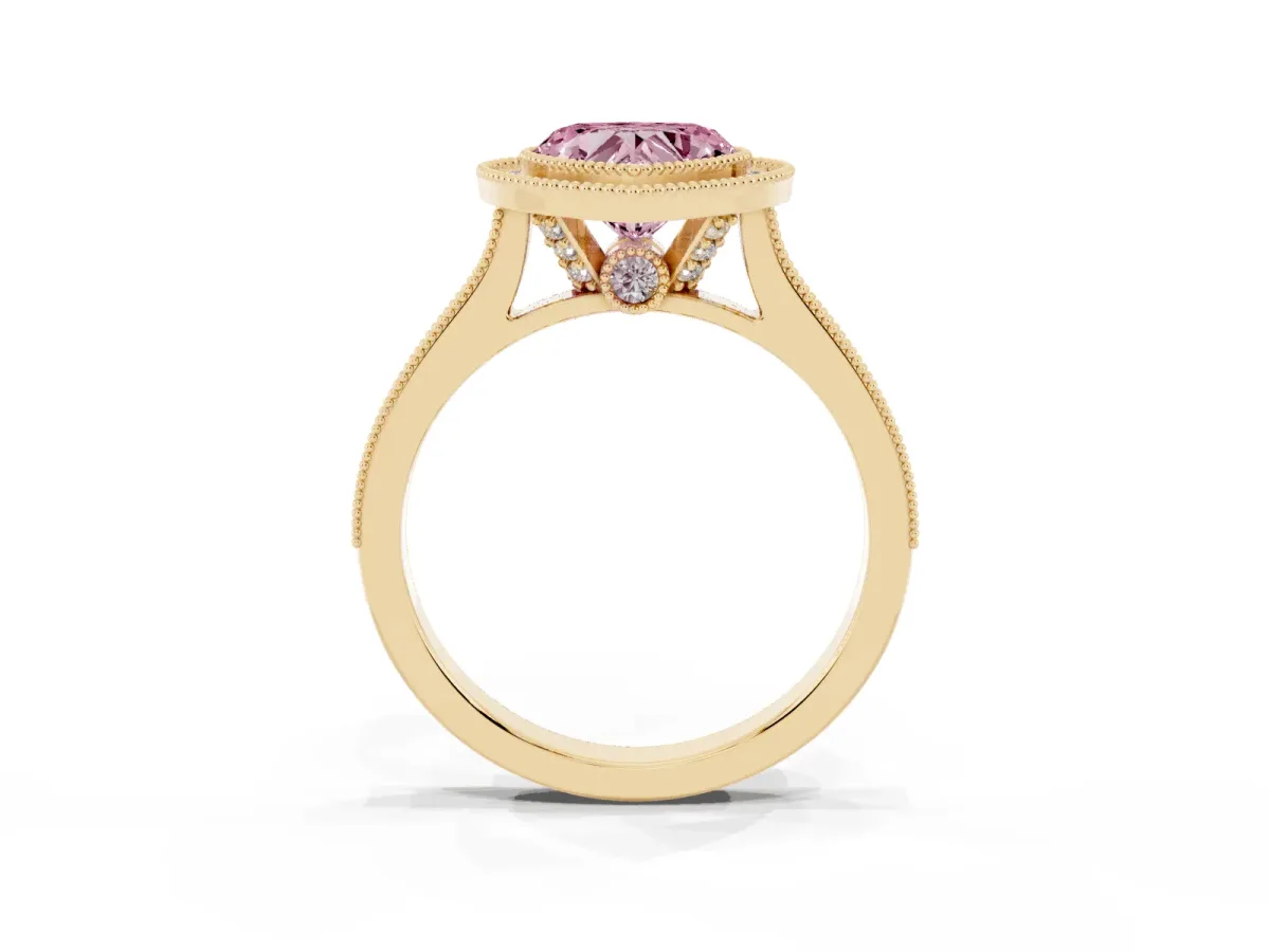 Fancy Pink Halo Heart Cut-Cut Diamond Pave Band Milgrain Prong Setting Ring Yellow gold