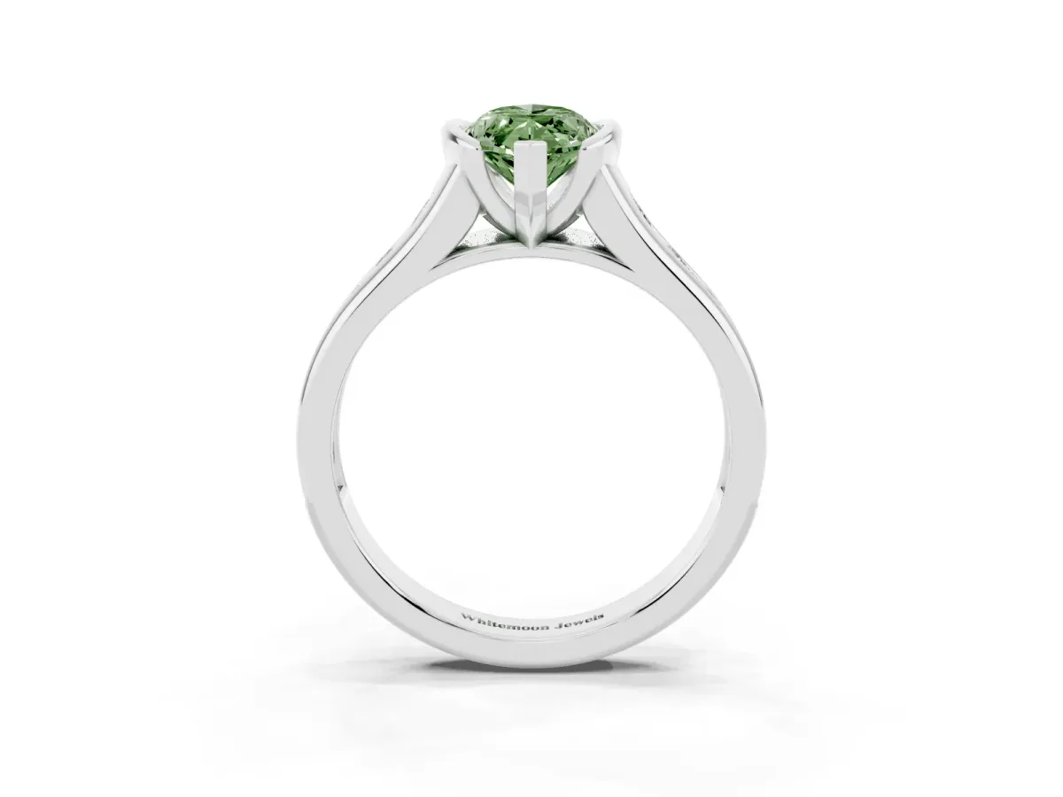 Fancy Green Marquise Cut Solitaire Bezel-Set Diamond Ring with Channel-Set Band Silver