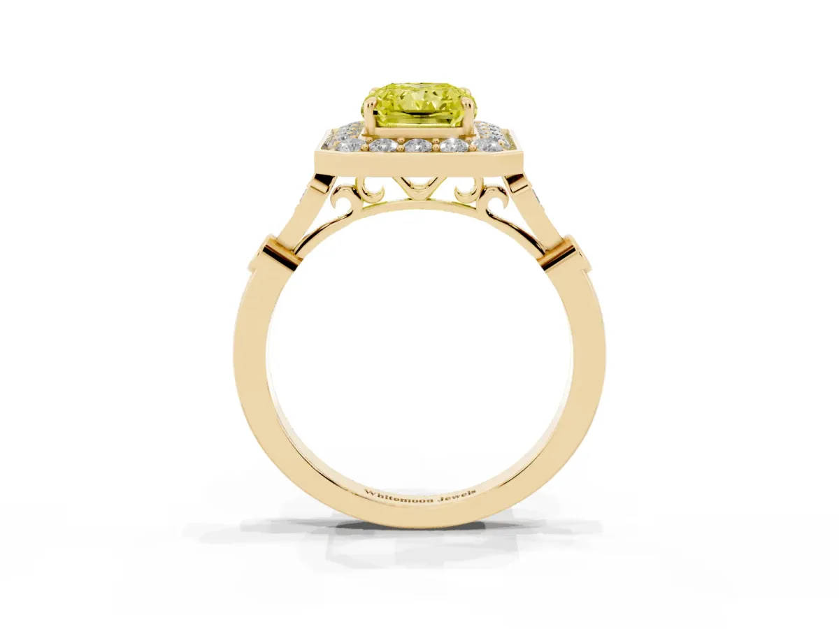 Fancy Yellow Radiant Cut Halo Diamond Engagement Ring with Twisted Band and Four-Prong Setting Yellow gold