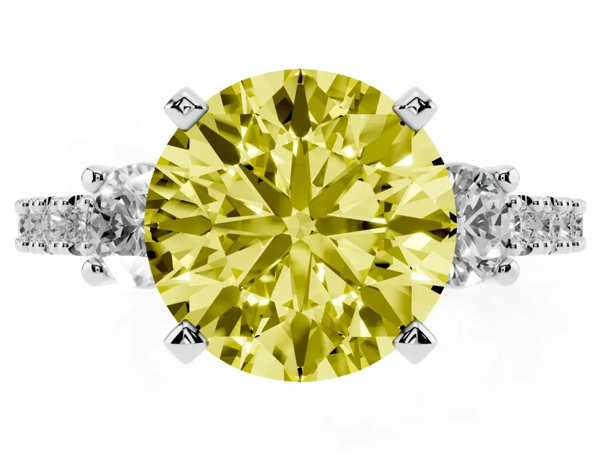 Fancy Yellow Round Cut Three-Stone Diamond Pavé Band with Prong Setting Silver