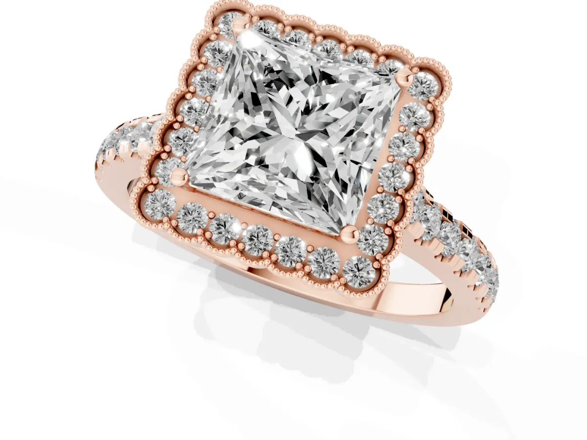 Princess Cut Cut Diamond Milgrain Floral Halo Engagement Ring with Pavé Band Rose gold